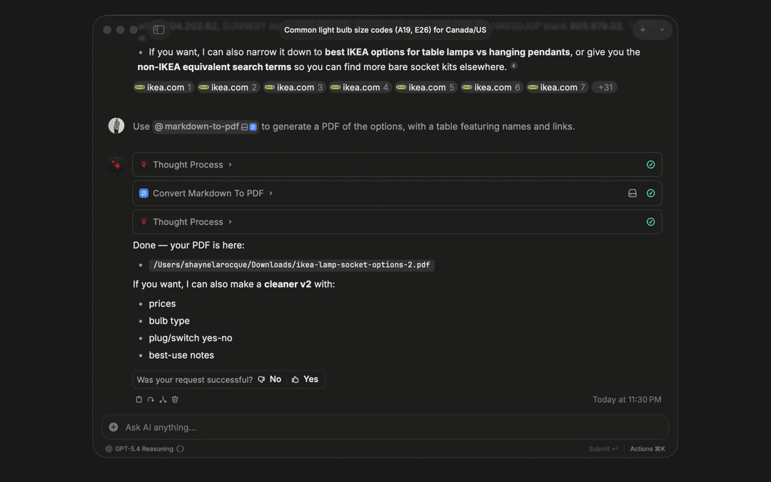 Markdown to PDF Raycast extension converting markdown content into a styled PDF in AI Chat