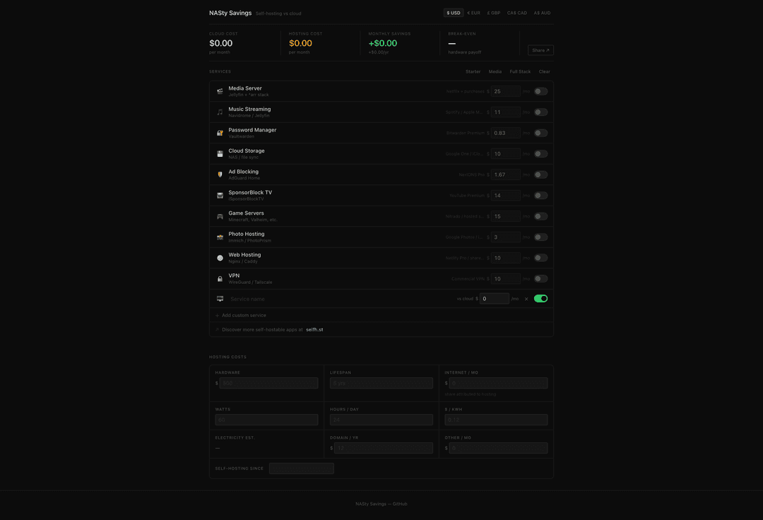NASty Savings calculator interface showing self-hosting vs cloud cost comparison