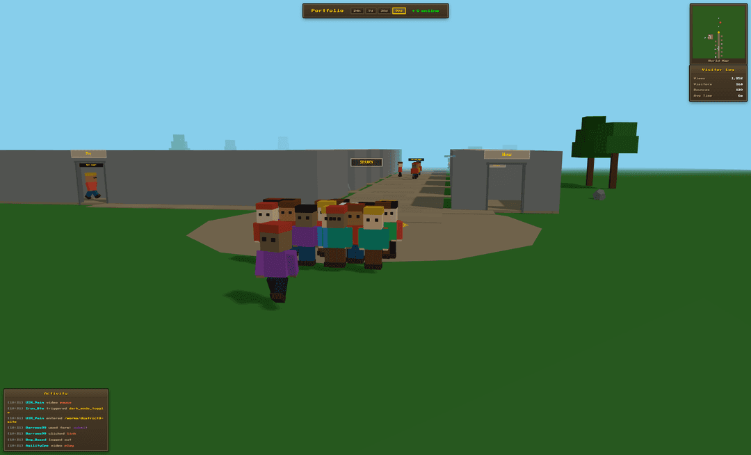 3D Analytics viewer showing an isometric world with buildings representing page analytics